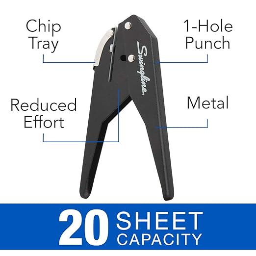 Swingline 1 Hole Punch, 20 Sheet Capacity Hole Puncher, Low Force Plier Paper Punch, Black & Silver (74017) (Pack of 6)