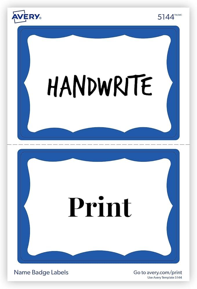 Avery Adhesive Laser/Inkjet Name Badge Labels, 2 1/3-inch x 3 3/8-inch, White with Blue Border, 100 Labels Per Pack (5144)