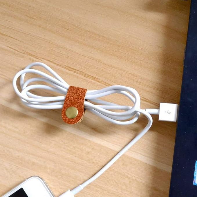 10 Pcs Cord Organizer, Stocking Stuffers for Men Portable Earphone Cord Holder Winder Keeper, Leather Cable Cord USB Straps, Leather Handmade (Light Brown)