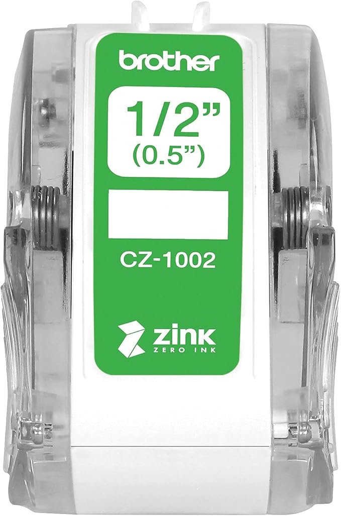 Brother Genuine CZ-1002 Continuous Length ½” (0.5”) 12mm Wide x 16.4 ft. (5 m) Long Label roll Featuring Zink Zero Ink Technology