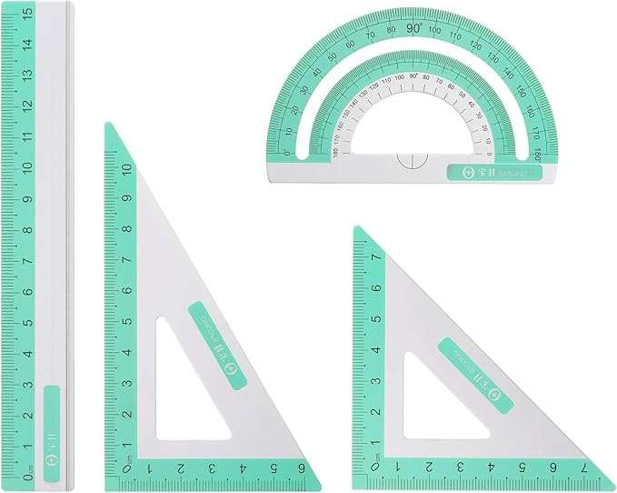 HARFINGTON 4pcs Geometry Set 15cm Metric Measure Ink Printing Aluminum Ruler Metal Ruler Set Triangle Protractor Ruler Tool Set for Classroom, Office, Home, Light Green