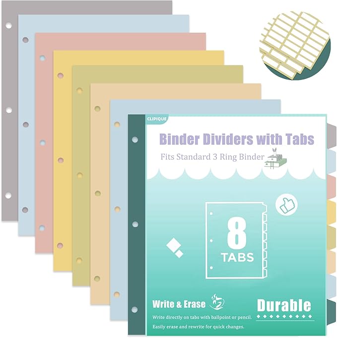 3 Ring Binder Dividers with TAB, Durable Plastic Write & Erase, Colored Binder Dividers, 8 Tab 3 Hole Punch Dividers for 8.5 x 11'' Letter Size Papers, Ideal for Student, Teacher, Morandi 3Sets