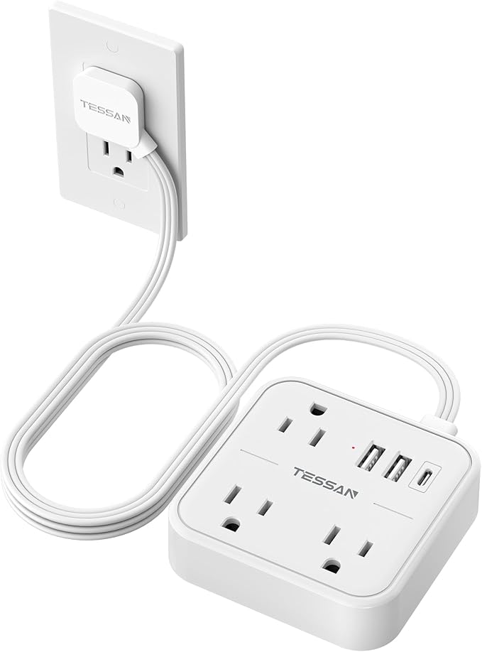 Extension Cord with Multiple Outlets 5 FT, TESSAN Small Flat Plug Power Strip with 3 USB (1 USB C) and 3 AC, Surge Protector Charging Station for Office, School, Dorm Room Essentials, White