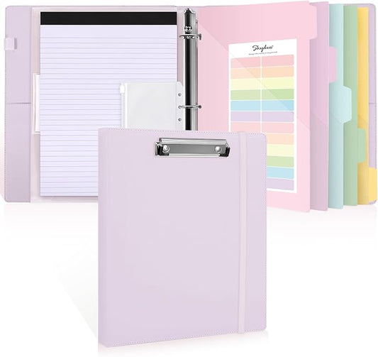 SKYDUE 3 Ring Binder with Clipboard 1 Inch, 13.2" × 10.2" PU Clipboard Binder with Notepad & 5 Dividers with 5 Pockets, Labels, Clipboard Folder Great for School Office(Fit Letter Sized Paper)