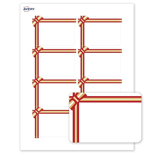 Avery Printable Christmas Adhesive Name Badges, Rectangle, 2-1/3" x 3-3/8", Pre-Printed Red & Metallic Gold Gift Bow Design, Matte White, Laser & Inkjet Compatible, 80 Total