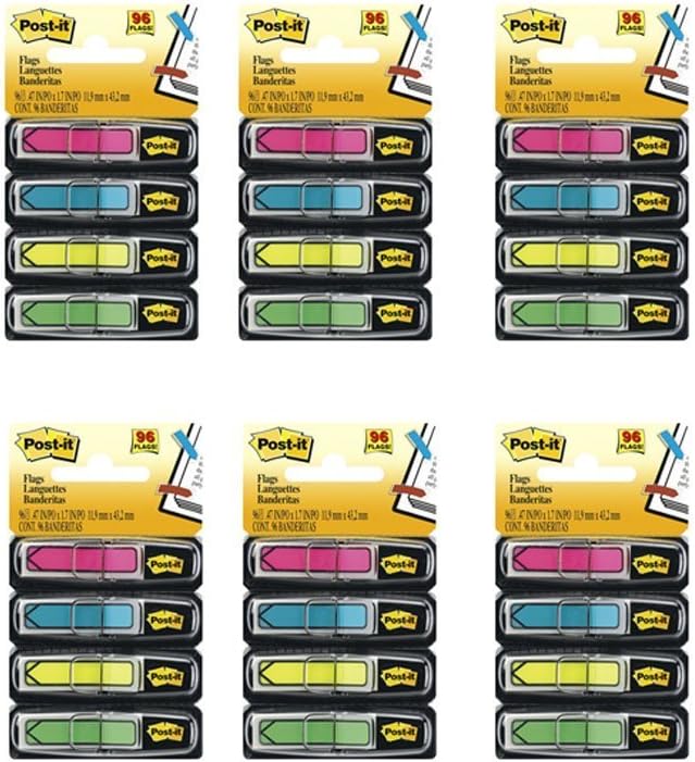 Post-it Arrow Flags, Assorted Bright Colors, 1/2-Inch Wide, 24/Dispenser, 4-Dispensers/Pack, 6 Packs