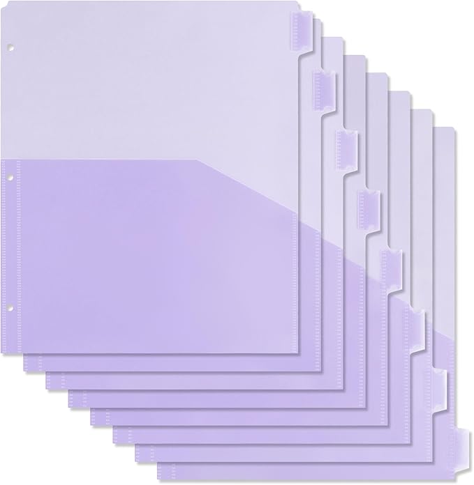 Koqye Binder Dividers with Pockets - 8 Plastic Dividers for 3 Ring Binders - A4 Bividers with Pocket & Tabs for Planners (Purple - 1 Pack)