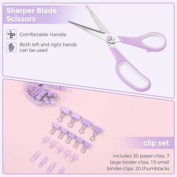 SKYDUE Purple Office Supplies, Purple Desk Organizer for Kids, Mesh Desk Organizer, Stapler, Tape Dispenser, Scissors, Binder/Paper Clips and 1000pcs Staples, Girls Desk Accessories