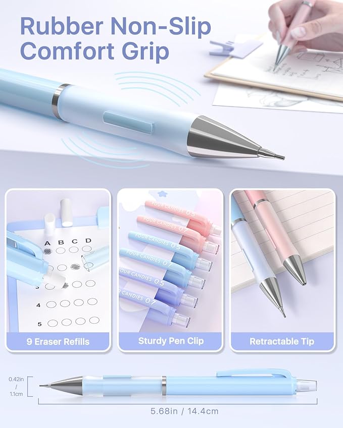 Four Candies Mechanical Pencil Set - 0.5 mm & 0.7 mm, 12PCS Cute Pencils Mechanical with 720PCS (HB & 2B) Lead Refills & 21PCS Erasers & 1PCS Storage Case, Pastel Aesthetic Lead Pencils for School