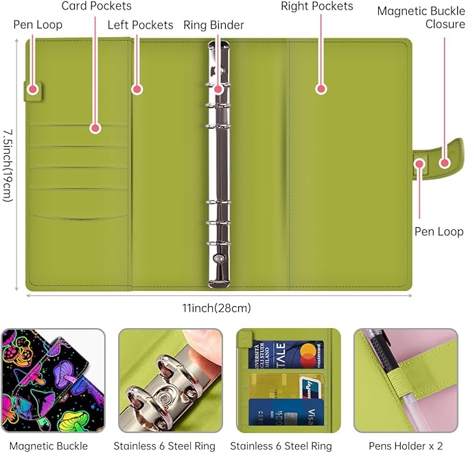 Budget Binder, Cute A6 Money Saving Binder with Zipper Envelopes, PU Leather Money Organizer for Cash, Expense Budget Sheets and Cash Envelopes for Budgeting Cute Mushrooms