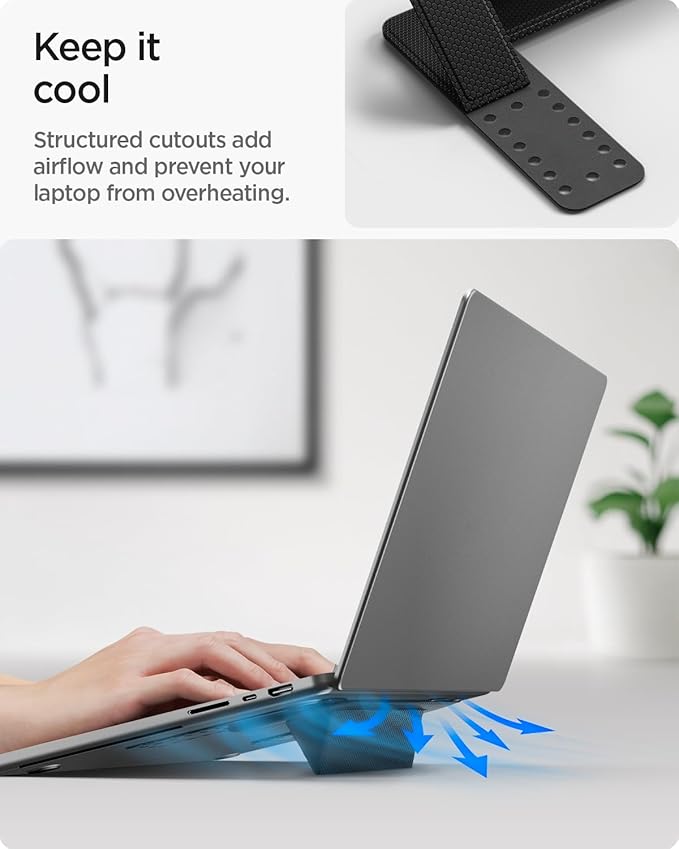 Spigen Slim Fold Adhesive Laptop Stand Foldable Portable Dual Ergonomic Angle Adjustment Lift Anti-Slip Compatible with MacBook Pro, MacBook Air 11"-16" and More - Black (LD201-S1)