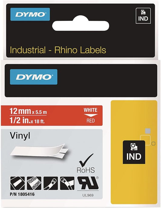 DYMO 1805416 Rhino Permanent Vinyl Industrial Label Tape, 1/2-Inch x 18 ft, Red/White Print