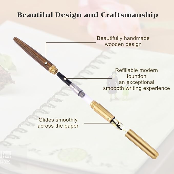 Wooden Fountain Pen, Fine Point, Handcrafted Luxury Pen with 12 Pcs 2.6 mm Ink Cartridges, Vintage Wood Pen for Business, Calligraphy, Gifts