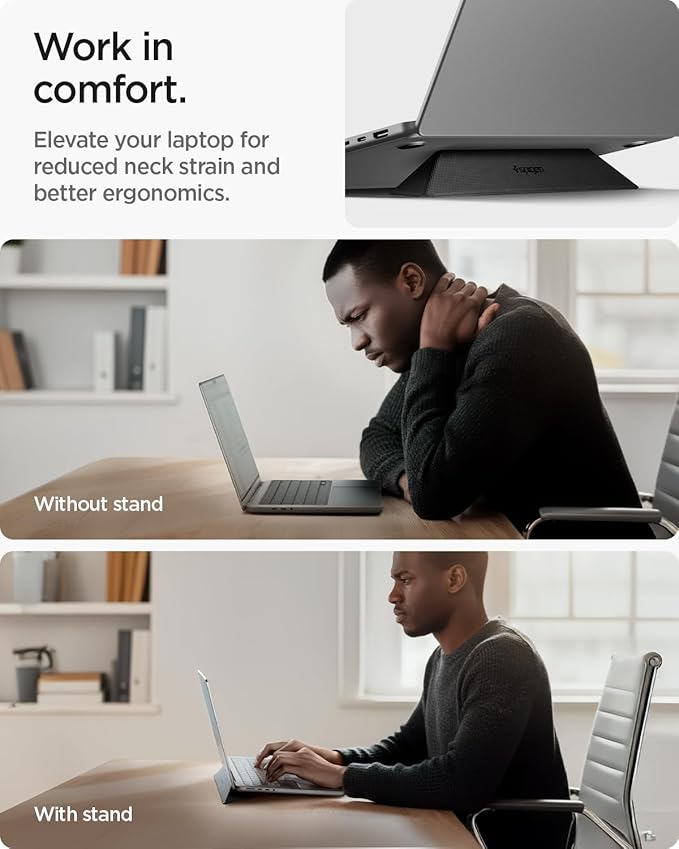 Spigen Slim Fold Portable Laptop Stand Keyboard Riser Foldable Ergonomic Angle Lift Anti-Slip Compatible with MacBook Pro, MacBook Air 11"-16" and iPad/Air/Pro and More - Black (LD201-S4)