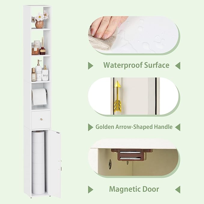 VECELO Narrow Bathroom Storage Cabinet with 3 Adjustable Shelves, 67" Tall Freestanding Cabinet with Toilet Paper Holder, Slim Tower Cabinet with Magnetic Door & Drawer, for Small Spaces, White