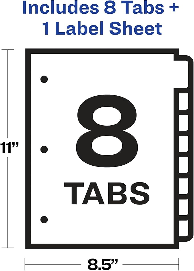 Avery 8 Big Tab Dividers for 3 Ring Binder, Easy Print & Apply Clear Label Strip, Index Maker Customizable White Tabs, 1 Set (11491)