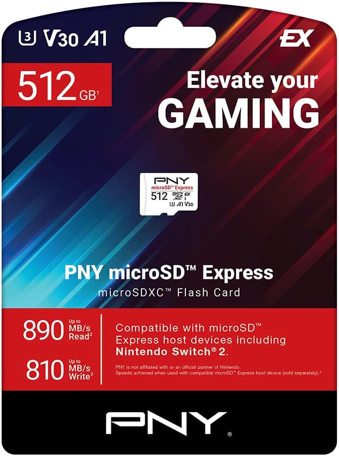 PNY microSD Express 512GB UHS-I U3 V30 A1 microSDXC Flash Memory Card, up to 890 Read & up to 810 Write, Ideal for microSD Express Compatible Devices Like Nintendo Switch 2