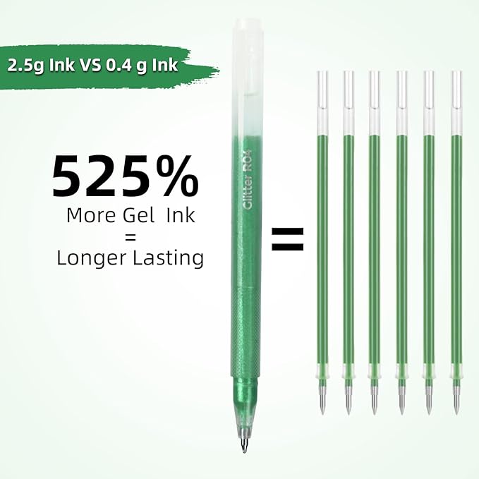 12 Green Glitter Gel Pens Set, 1.0 mm Fine Point for Black Paper & White Paper, Large Capacity Pens for Journaling, Adult Coloring Books, Drawing, Note Taking, Highlighting