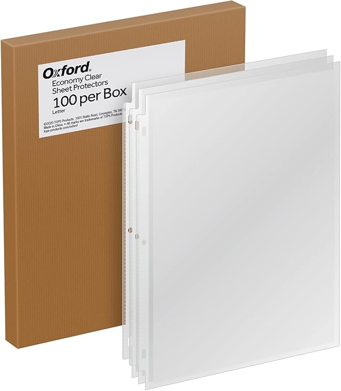 Oxford Sheet Protectors, Clear Finish, Top Load, Letter Size Plastic Sleeves, Reinforced 3 Hole Punch for Binders, Sheets for 3 Ring Binder, 100 per Box (33267)
