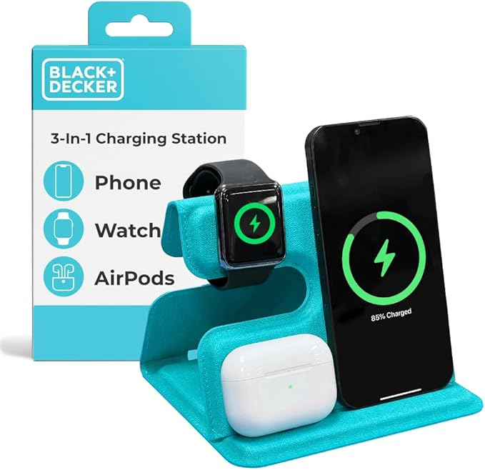 BLACK+DECKER 3 in 1 Charging Station for Apple Multiple Devices, Wireless Foldable Travel Charger for Multiple Devices iPhone 17 16 15 14 13 Pro Max Plus Apple Watch Series/AirPods (Loch Ness)