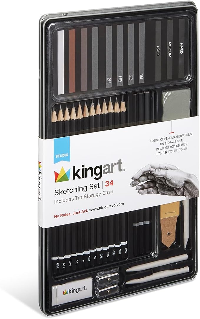 KINGART® Studio Sketching Set, 34 Piece Sketching Tools and Detailing Accessories, Art Supplies for Professional, Student, and Hobbyist Drawing