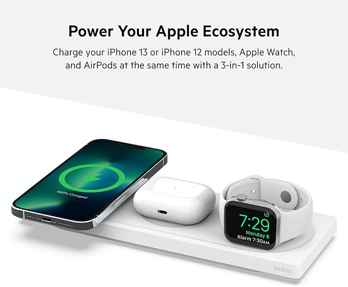 Belkin MagSafe 3-in-1 Wireless Charging Pad - Fast Charging for Apple Watch, iPhone 17, 16, 15, 14 Series, AirPods, & More - MagSafe Charging Station for Multiple Devices White (Certified Refurbished)