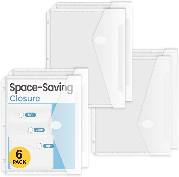 Sooez 6 Pack Binder Folders with Space-Saving Closure, Super Heavyweight Pockets for 3 Ring Binders, High Capacity Clear Pouch, Side Loading, Letter Size