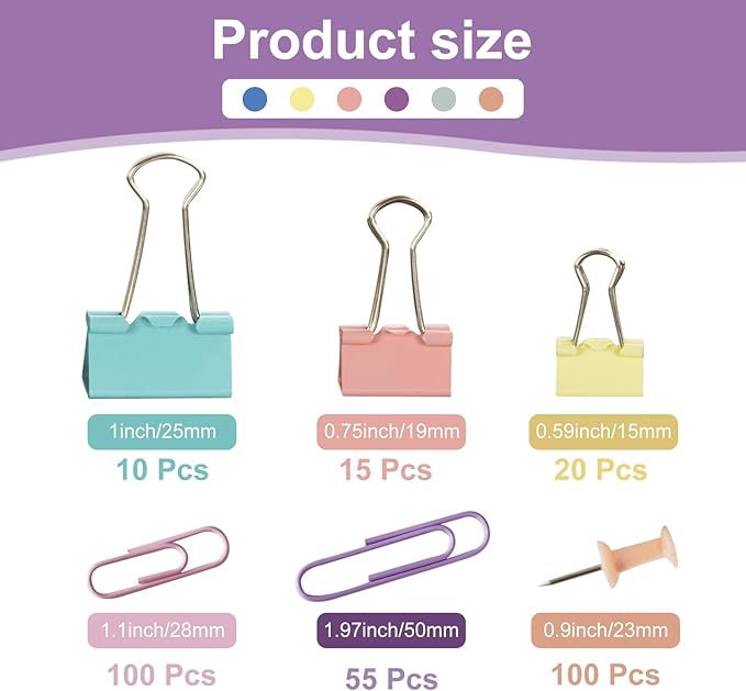 Colorful Paper Clips Binder Clips Set, 300 Pcs Assorted Sizes Binder Clips & Paper Clips Small Medium Large, Pastel Claps and Push Pins Office Supplies Kit for Paper Work and School Teacher Use