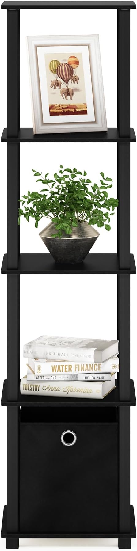 Furinno Turn-N-Tube Book Shelf, 5-Tier Square Open Frame Display Shelf, Corner Storage Shelves with Storage Bin, Shelving Unit, for Organization and Storage, Living Room, Garage, Home Office, Black