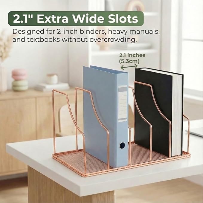 Simmer Stone Rose Gold Binder Organizer for Desk, 5 Slot Metal Wire Vertical File Sorter with Mesh Bottom, Desktop Magazine Holder Rack for 2 Inch Binders, Medical Coding Books, Vinyl Records, 12.1"