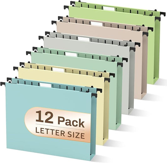 12 Pack Hanging Folders Letter Size, 2" Pastel Hanging Files Folders, Plastic Hanging Folders for Filing Cabinet Home Office, Colored Filing Folder Hanging, Insertable 1/5-Cut Tabs