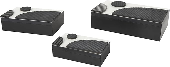Deco 79 Wood Handmade Decorative Box Decorative Keepsake Boxes with 3D Geometric Accents, Set of 3 Storage Boxes 15", 12", 9"W, Black
