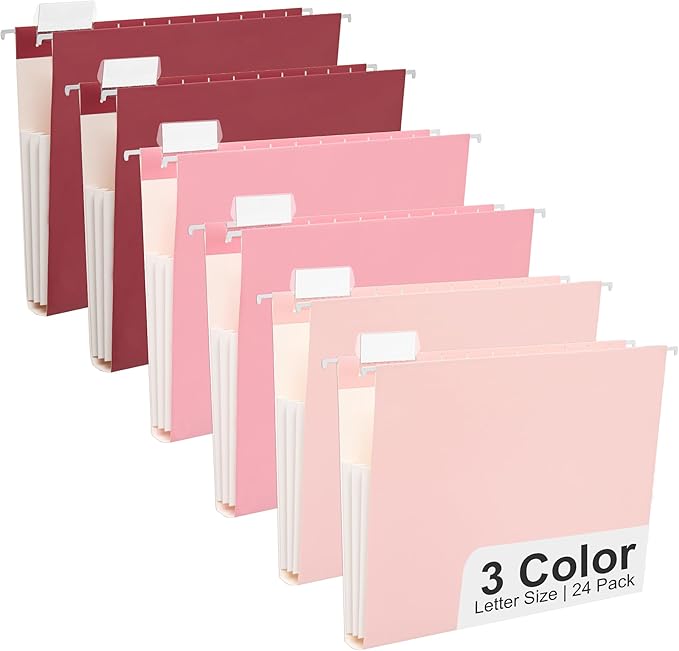 Y YOMA Letter Size - 24 Pack Extra Capacity Hanging File Folders Accordion Decorative Reinforced File Folder Cute Colored Expandable Folder for Office Home with 1/5-Cut Adjustable Tabs, Cute Pink