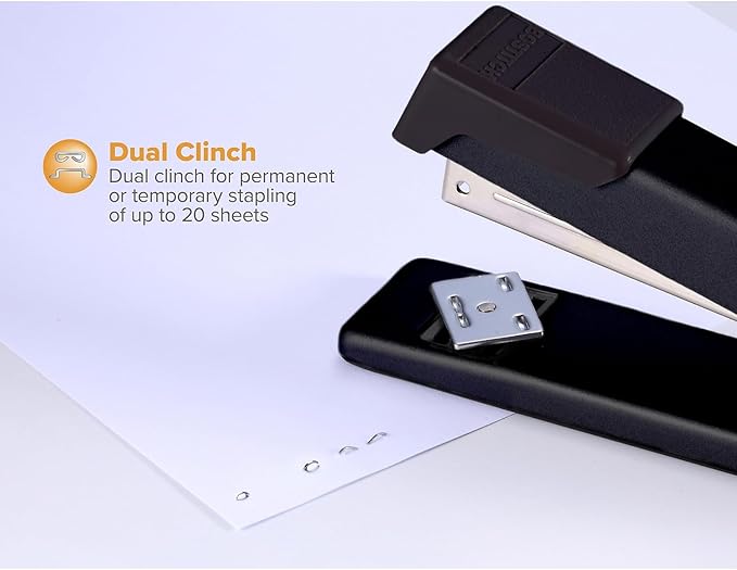 Bostitch Office Classic Metal Desktop Stapler, 20 Sheet Capacity, Dual Clinch, Opens for Tacking, Full-Strip, Black