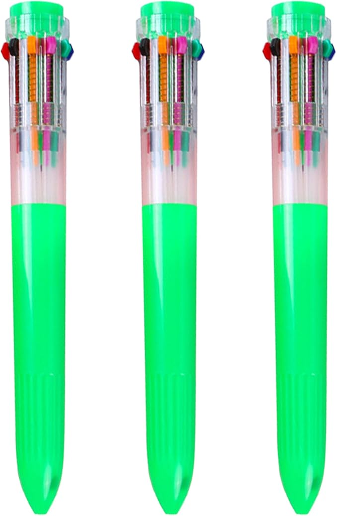 HeTaoCat Multicolor Pens 3 Pack 0.5mm 10-in-1 Retractable Ballpoint Pens - 10 Colors Transparent Barrel Ballpoint Pen for Office Supplies (Green)