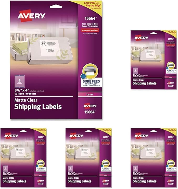 Avery Printable Shipping Labels with Sure Feed, 3-1/3" x 4", Matte Clear, 60 Blank Mailing Labels (15664) (Pack of 5)