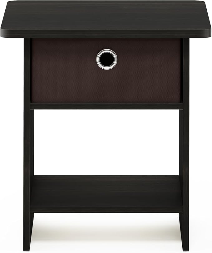 Furinno DARIO Side Table, Square End Table with Storage Bin, Round Corner Night Stand, Bedside Table with Open Back Shelf, for Living Room, Bedroom, Espresso