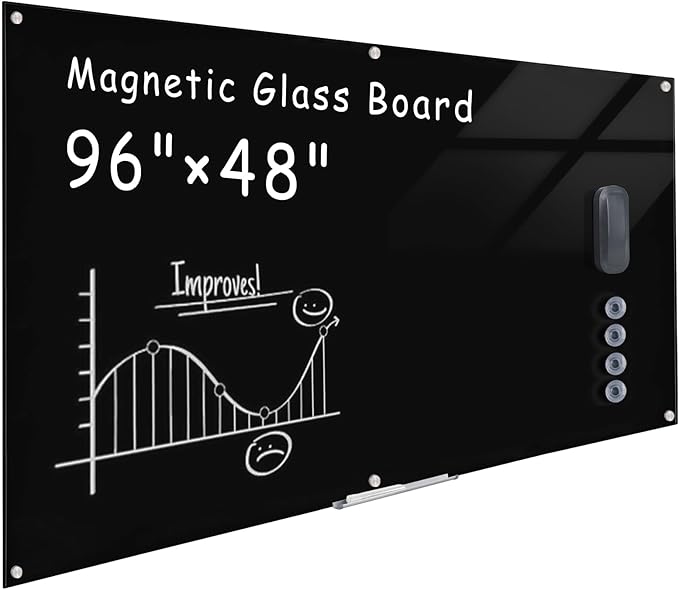 Mifuro Magnetic Glass Whiteboard，96"x48" Wall Mounted Frameless Dry Erase Board for Office, Home & School Black