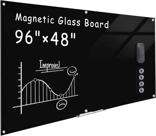 Mifuro Magnetic Glass Whiteboard，96"x48" Wall Mounted Frameless Dry Erase Board for Office, Home & School Black