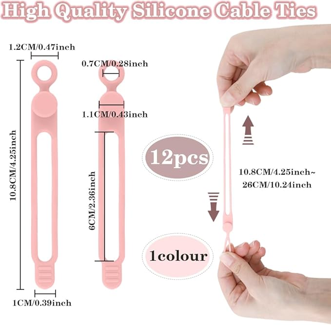 12pcs Pink Silicone Cable Ties, Multipurpose Elastic Cord Organizer for Bundling and Fastening, Office/Home/Kitchen/School/Travel Organization