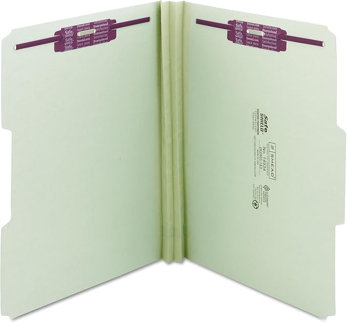 Smead Pressboard Fastener File Folder with SafeSHIELD Fasteners, 2 Fasteners, 1/3-Cut Tab, 2" Expansion, Letter Size, Gray/Green, 25 per Box (14934)