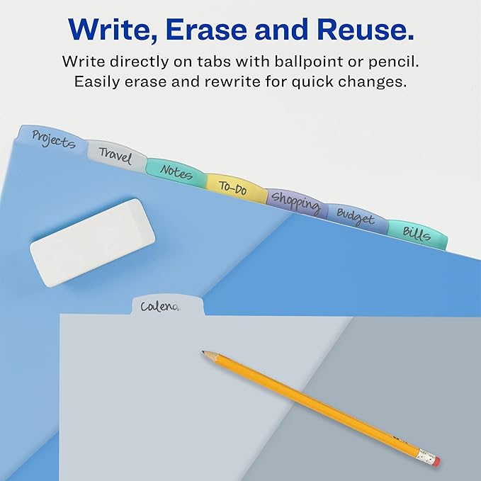 Avery Write & Erase Pocket Plastic Dividers for 3 Ring Binders, 8-Tab Sets, Multicolor, Tabs Viewable Beyond Sheet Protectors, 24 Sets (16177)