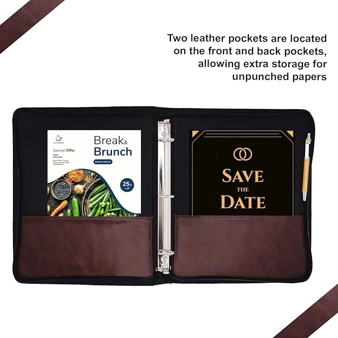 Performore Vintage Professional 3 Ring Zipper Binder Organizer, for 8.5" x 5.5" Paper, 1-Inch Round Rings, 2 Inner Pockets, Antique Brown Vegan Leather, Pen Included