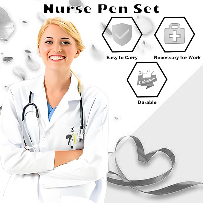 Nurse Pen Set, Badge Reel Pen Include Highlighter, Permanent Marker, LED Keychain Flashlight, Ballpoint Pen, and Nursing Keychain Clip (Black)