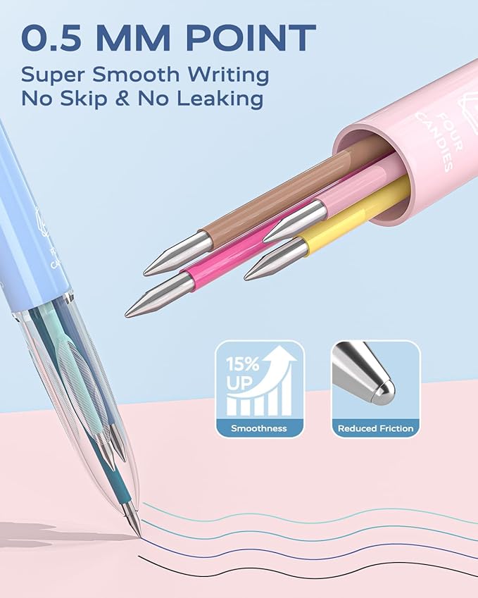 Four Candies Multicolor Pens, 4-in-1 Colored Ballpoint Pen, 0.5mm Quick Dry Black Ink Pens Fine Point Smooth Writing Pens, Cute Nurse Pens for Work, 18 Colors, 6PCS