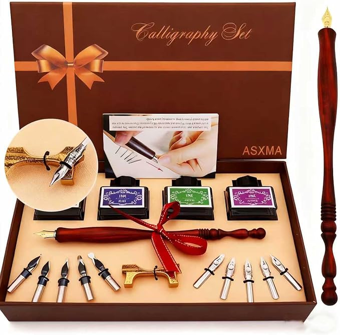 Calligraphy Pen Set – Includes Wooden Dip Pen, Antique Brass Holder, 11 Nibs, 4 Colors Ink Bottles and Beginner's Manual-for Beginners and Calligraphy Lovers