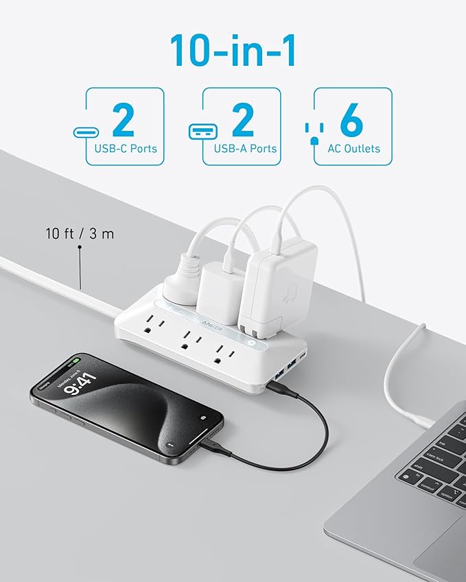 Anker Flat Plug Power Strip(300J), 20W USB-C, 10-in-1 Ultra Thin Power Strip with 6 AC, 2 USB-A/2 USB-C,10feet Extension Cord, Desk Charging Station,Home Office College Dorm Essentials (Pack of 2)