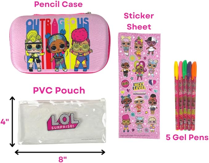 LOL Surprise Doll Pencil Case Set with LOL Stickers and Gel Pens for Girls, Molded with Zip Closure, Pink