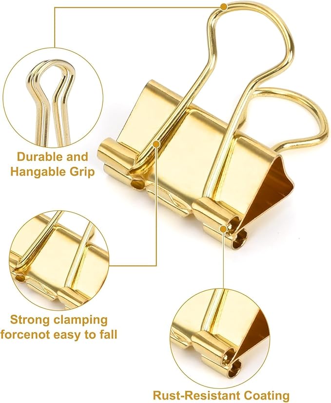 CUARUSUIKA Binder Clips Set,40Pack, 1 in Small Clip, Paper Clips for Office, Home, School, Crafts, Business(Gold)