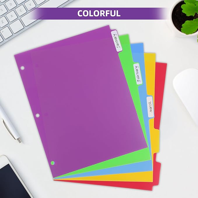 Colorful Binder Dividers with Tabs,Plastic Index with 5-Tabs,for 3 Ring Binder,6 Sets